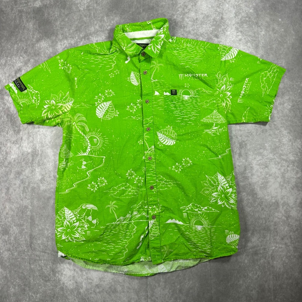 Monster Energy Ultra Paradise Mens Large Lime Green Tropical Button Down Shirt